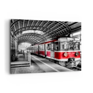 Impression sur toile - Image sur toile - Train rouge à la gare sous un toit - 100x70cm - C'est peut-être le voyage de votre vie ? - Décoration murale moderne pour le salon et la chambre ARTTOR