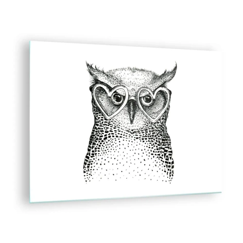 Impression sur verre - Image sur verre - Illustration d'un hibou portant des lunettes en forme de cœur - 70x50cm - Sagement et avec amour - Décoration murale moderne pour le salon et la chambre ARTTOR