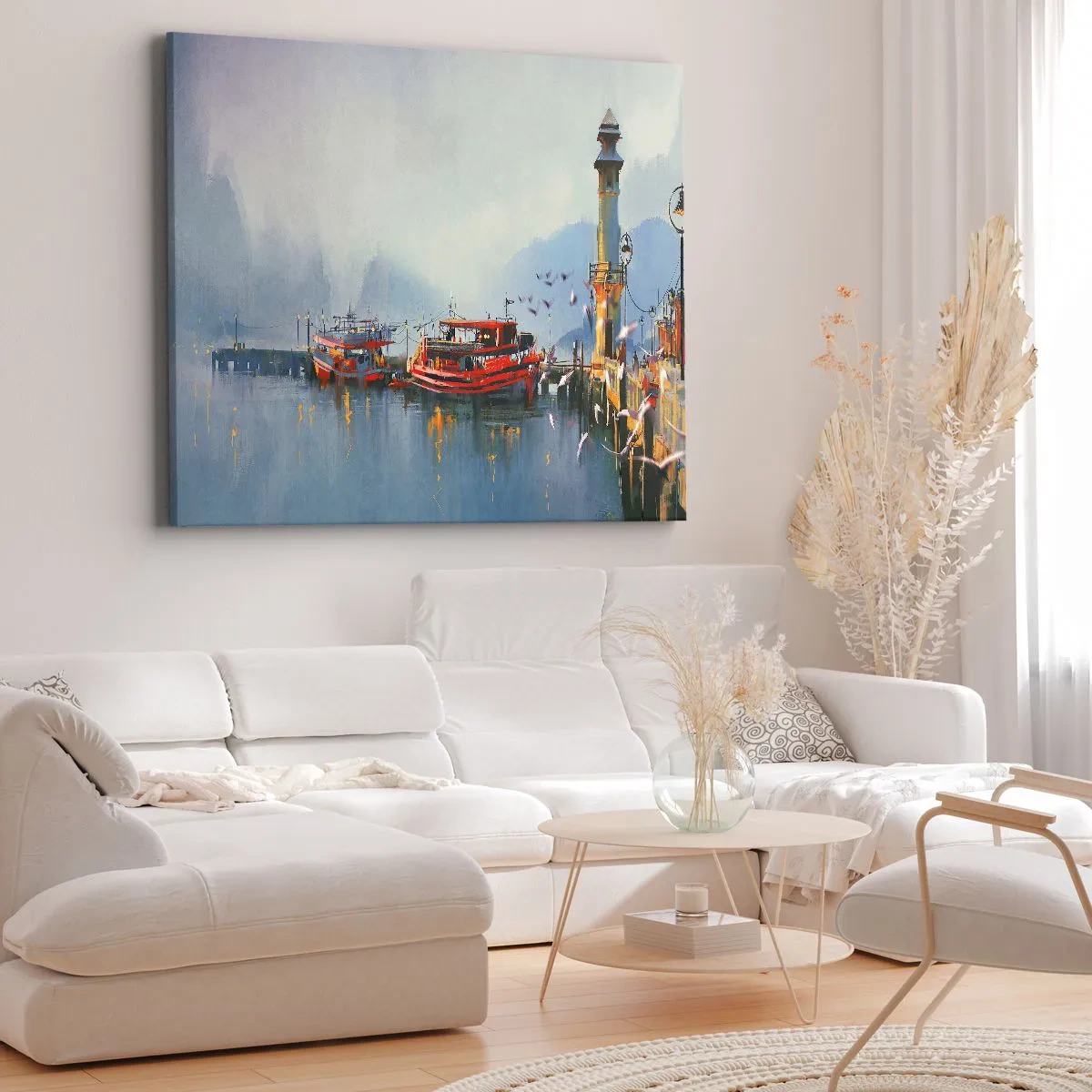 Impression sur toile - Image sur toile - Un port avec des bateaux rouges entouré d'un paysage brumeux - 70x50cm - Na końcu świata - Décoration murale moderne pour le salon et la chambre ARTTOR