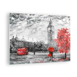 Impression sur verre - Image sur verre - Big Ben avec un bus rouge et un parapluie sur fond d'arbres d'automne - 70x50cm - Une journée passionnante - Décoration murale moderne pour le salon et la chambre ARTTOR