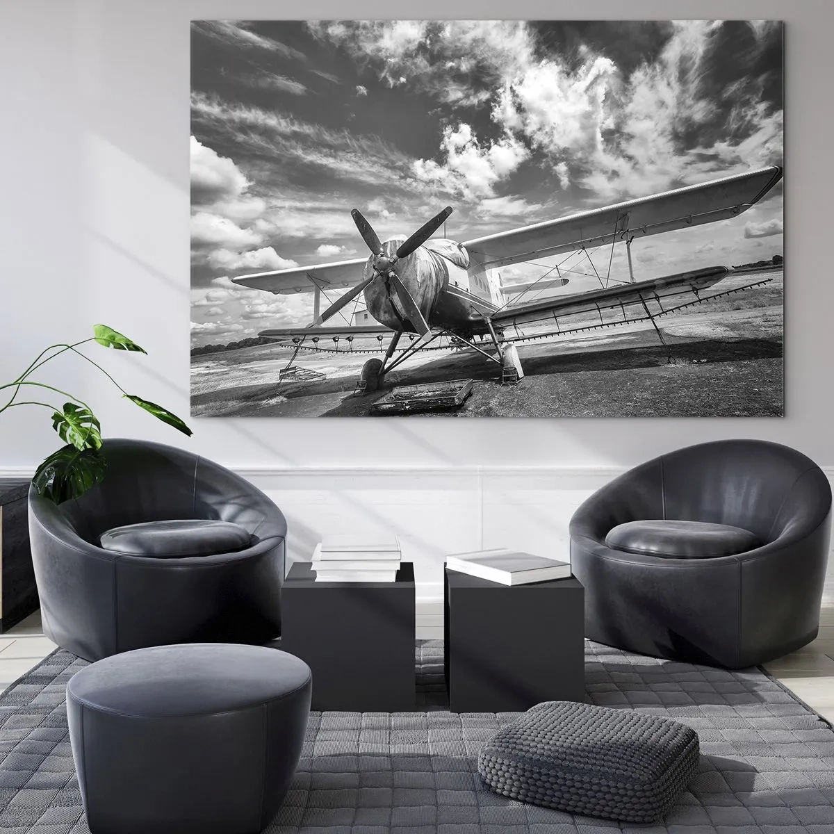 Impression sur verre - Image sur verre - Photographie en noir et blanc d'un biplan classique - 70x50cm - Je suis impatient! - Décoration murale moderne pour le salon et la chambre ARTTOR