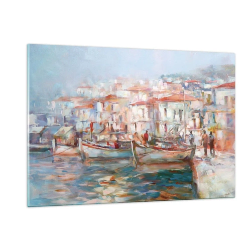 Impression sur verre - Image sur verre - Un port pittoresque avec des bateaux aux couleurs pastel - 120x80cm - Vacances pastelles - Décoration murale moderne pour le salon et la chambre ARTTOR