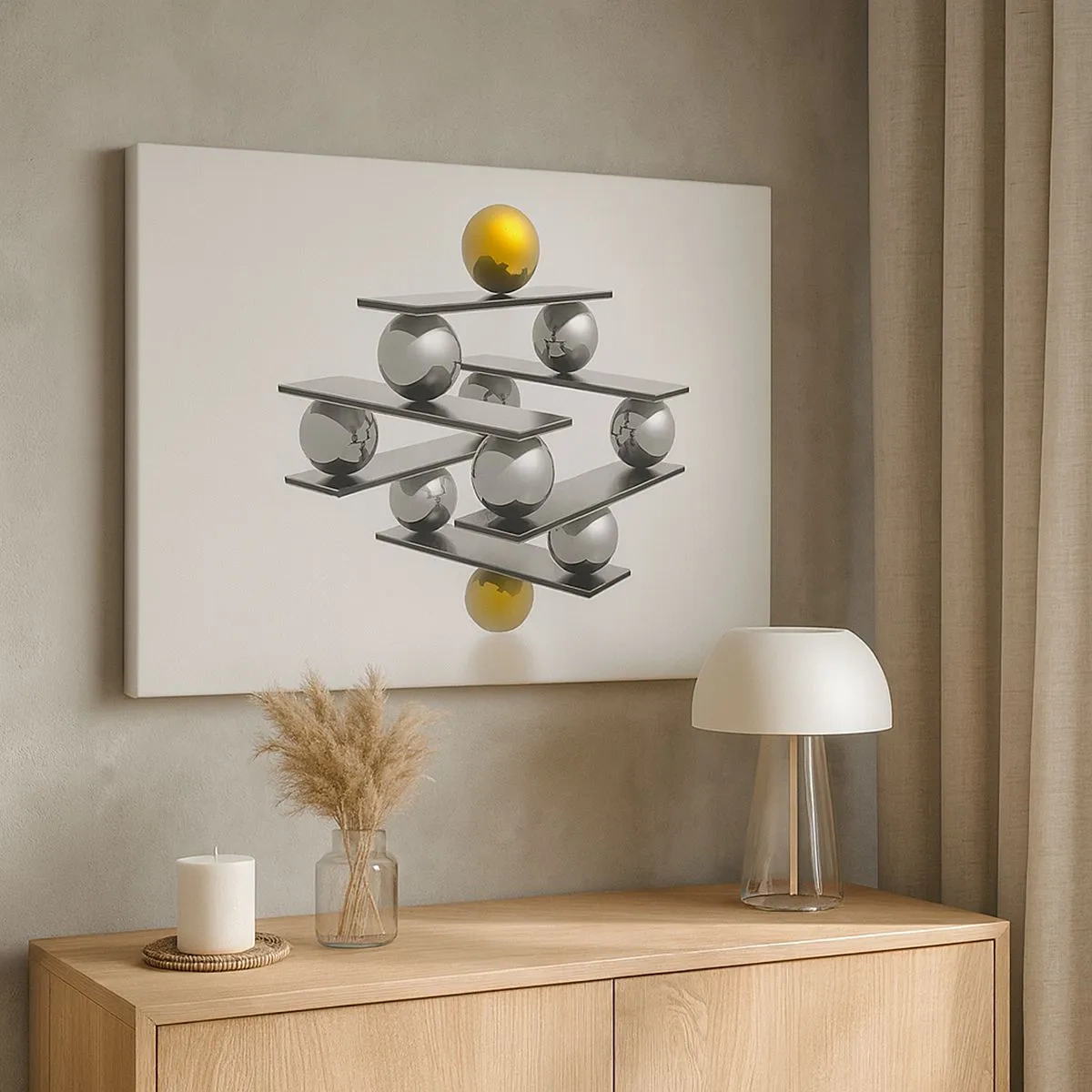 Impression sur toile - Image sur toile - Composition géométrique avec des boules métalliques et un accent doré - 70x50cm - Balance d'or et d'argent - Décoration murale moderne pour le salon et la chambre ARTTOR