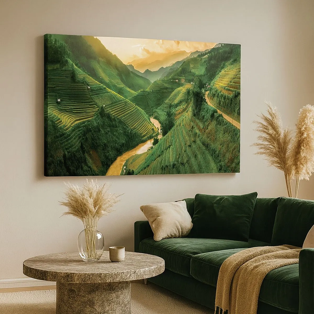 Impression sur toile - Image sur toile - Rizières en terrasses pittoresques dans une vallée verdoyante illuminée par le soleil couchant - 70x50cm - Vallée vietnamienne - Décoration murale moderne pour le salon et la chambre ARTTOR