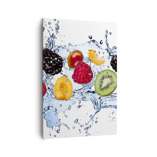 Impression sur toile - Image sur toile - Fruits colorés immergés dans des éclaboussures d'eau sur un fond blanc - 70x100cm - Amusez-vous avec nous - Décoration murale moderne pour le salon et la chambre ARTTOR