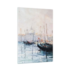 Impression sur verre - Image sur verre - Paysage impressionniste avec bateaux et bâtiments - 50x70cm - Derrière l'eau, derrière le brouillard - Décoration murale moderne pour le salon et la chambre ARTTOR