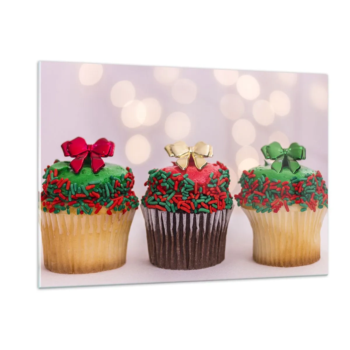 Impression sur verre - Image sur verre - Cupcakes de Noël avec décorations en forme de nœud - 120x80cm - Une sucrerie après la cocarde - Décoration murale moderne pour le salon et la chambre ARTTOR