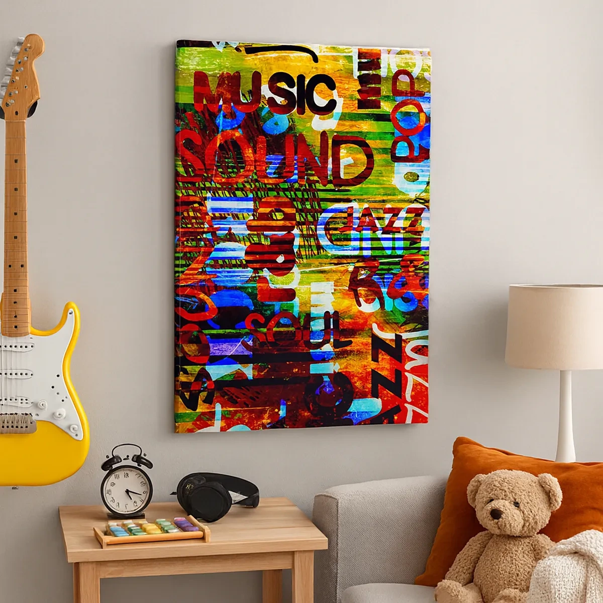 Impression sur toile - Image sur toile - Abstraction colorée avec des inscriptions musicales dans un style pop art - 50x70cm - Toutes les nuances du son - Décoration murale moderne pour le salon et la chambre ARTTOR