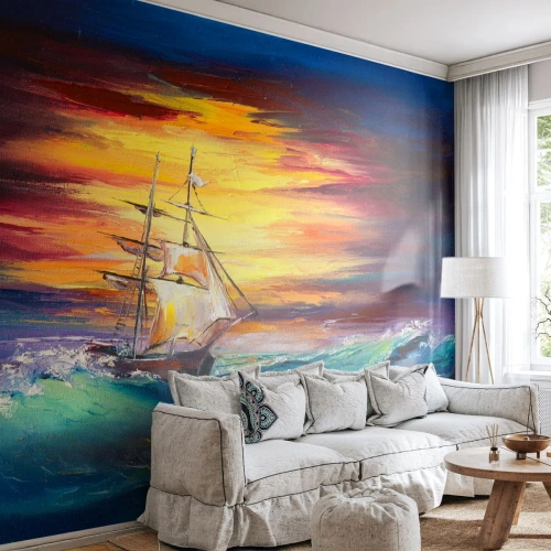 Papier Peint Photo Premium Sand - Courageusement sous les vagues - Bateau à voile, Mer, Tempête - 150x105 cm