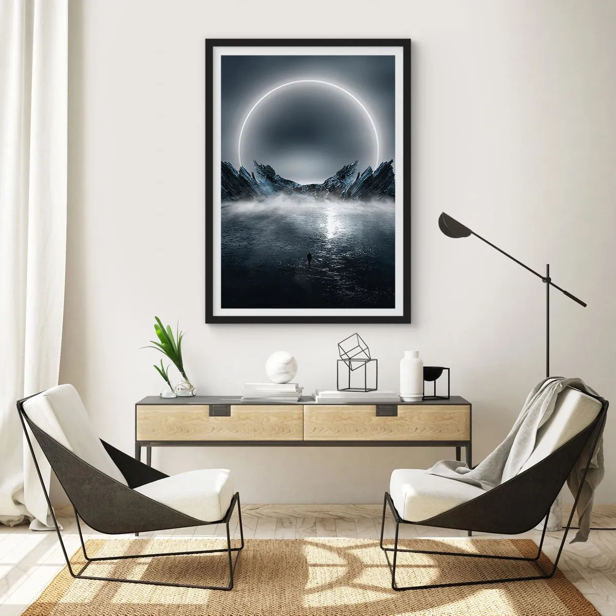 Affiche dans un cadre noir - Poster - Un paysage mystérieux avec un cercle lumineux dans le ciel - 50x70cm - La fin de l'histoire - Décoration murale moderne pour le salon et la chambre ARTTOR