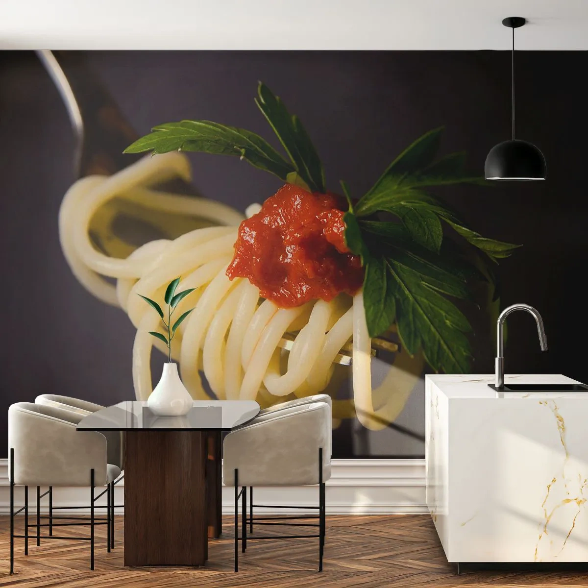 Papier Peint Photo Premium Canvas - Une bouchée savoureuse - La gastronomie, Spaghetti, Italie - 500x350 cm