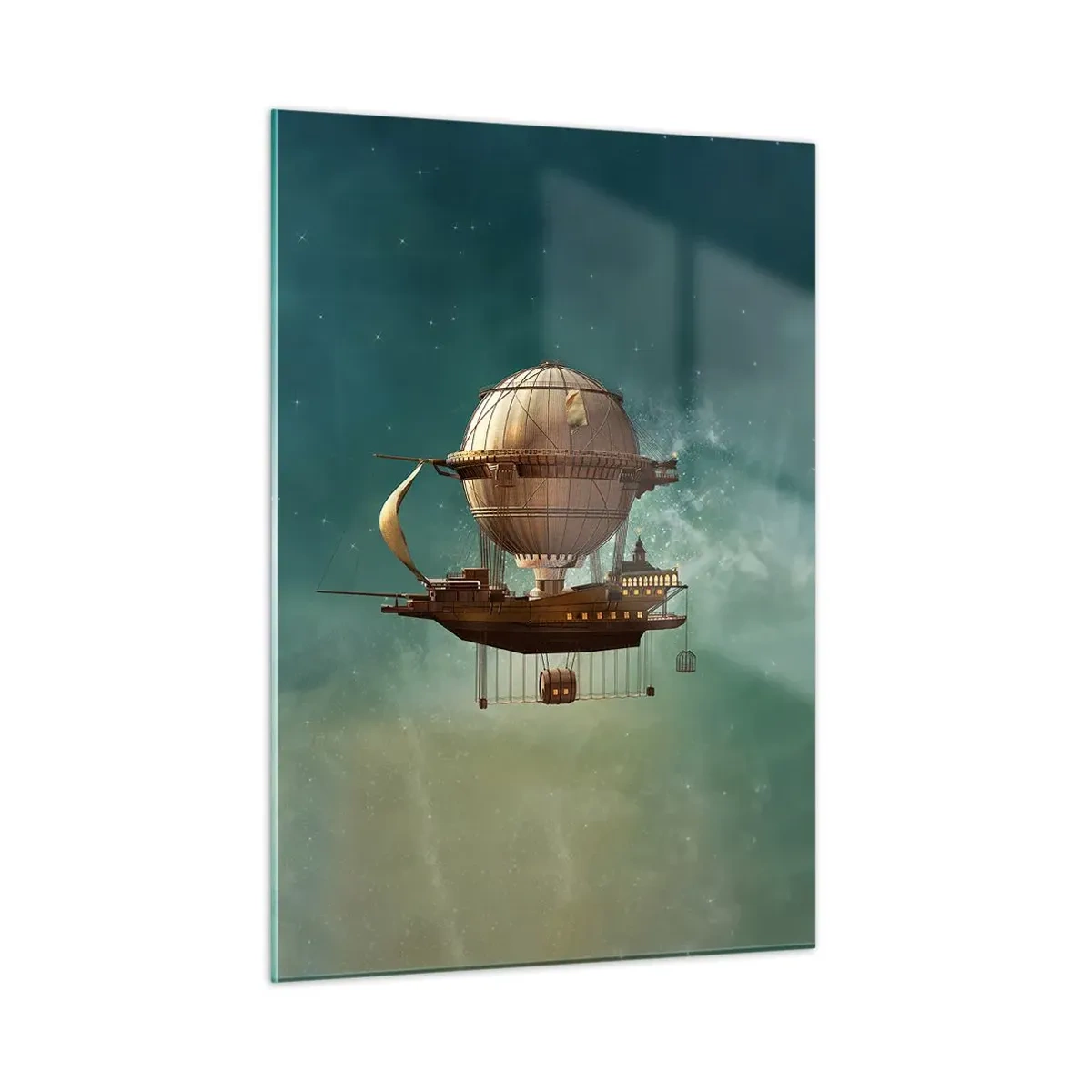 Impression sur verre - Image sur verre - Un dirigeable volant avec une maison de style rétro dans le ciel - 50x70cm - Jules Verne vous salue - Décoration murale moderne pour le salon et la chambre ARTTOR