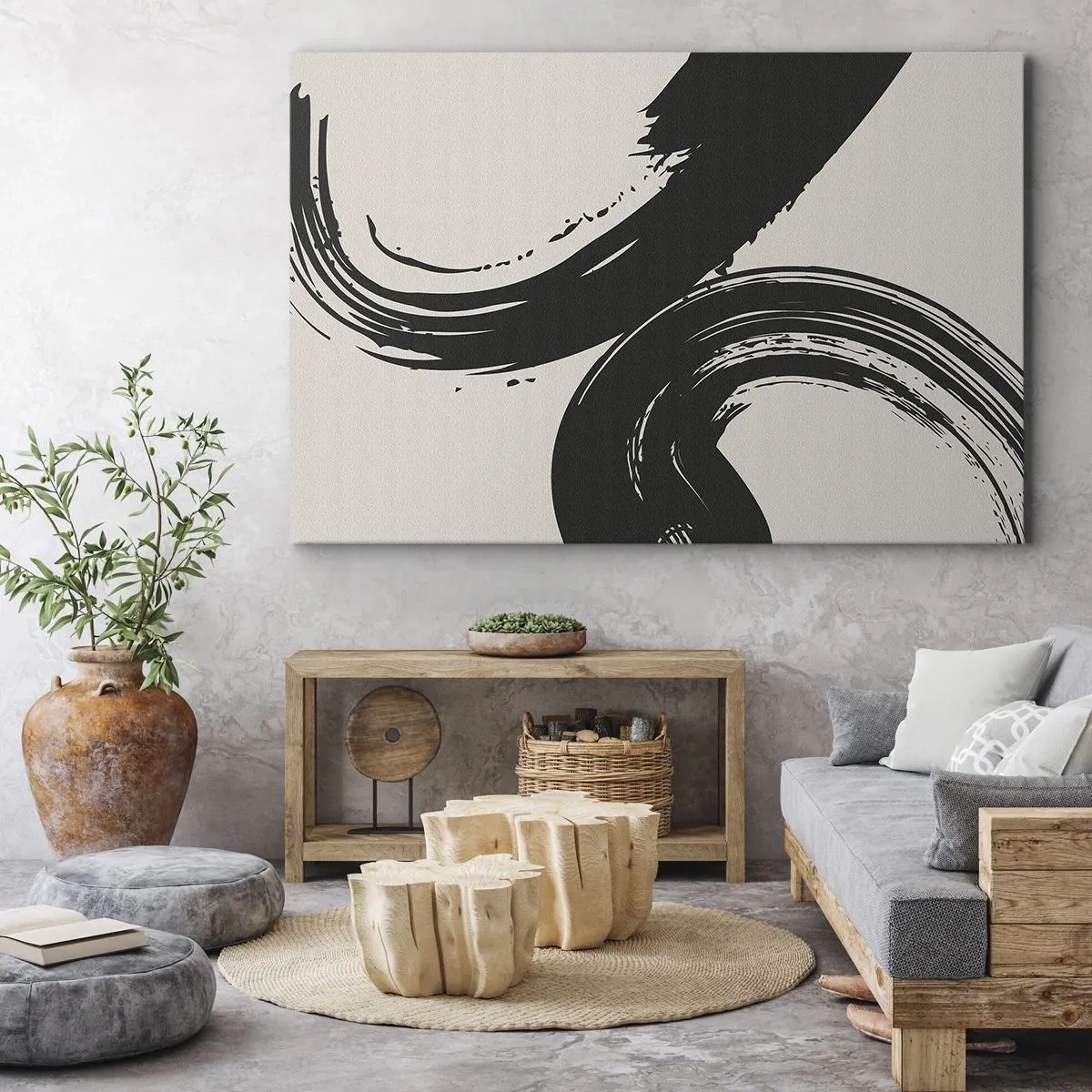 Impression sur toile - Image sur toile - Coups de pinceau dynamiques en noir sur fond clair - 70x50cm - Balayage circulaire - Décoration murale moderne pour le salon et la chambre ARTTOR