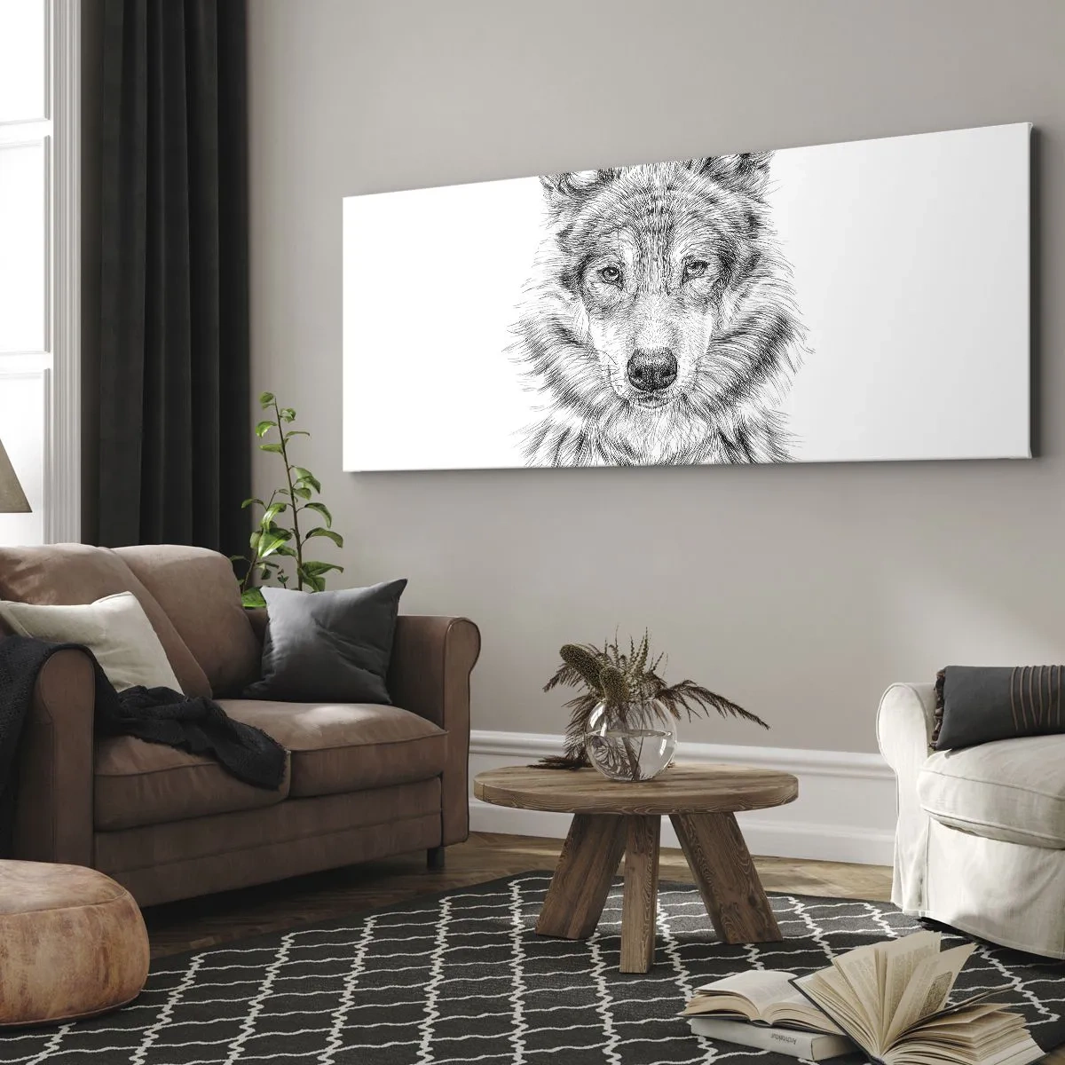 Impression sur toile - Image sur toile - Croquis d'une tête de loup dans un style monochrome sur fond blanc - 120x50cm - Un leader né - Décoration murale moderne pour le salon et la chambre ARTTOR
