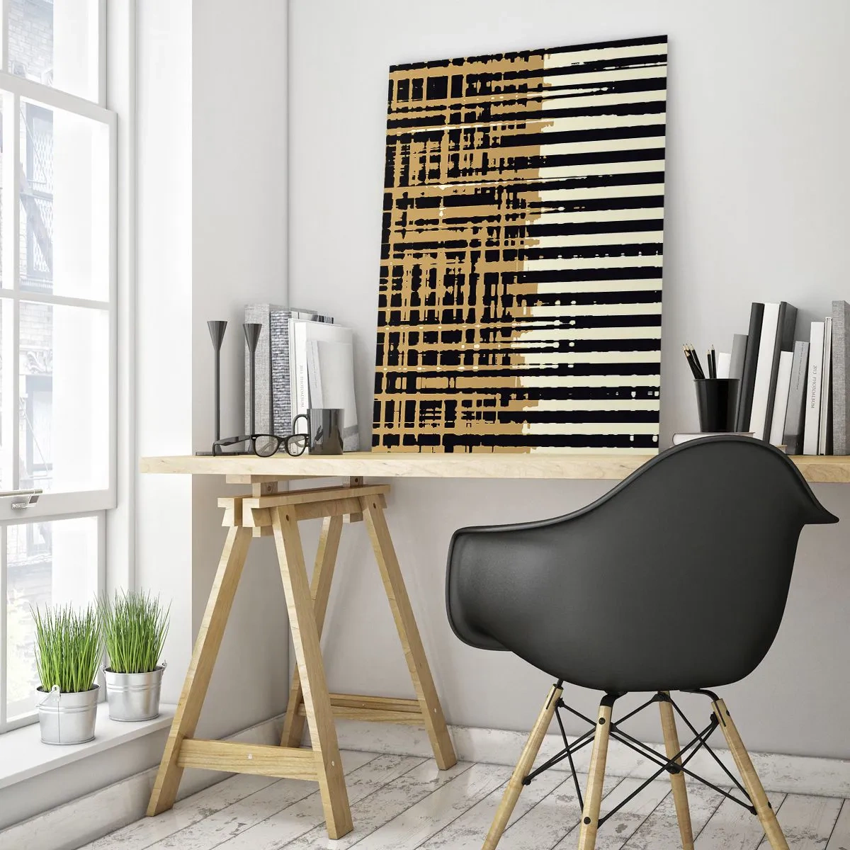 Impression sur verre - Image sur verre - Lignes abstraites en noir, beige et blanc - 70x100cm - Abstraction architecturale - Décoration murale moderne pour le salon et la chambre ARTTOR