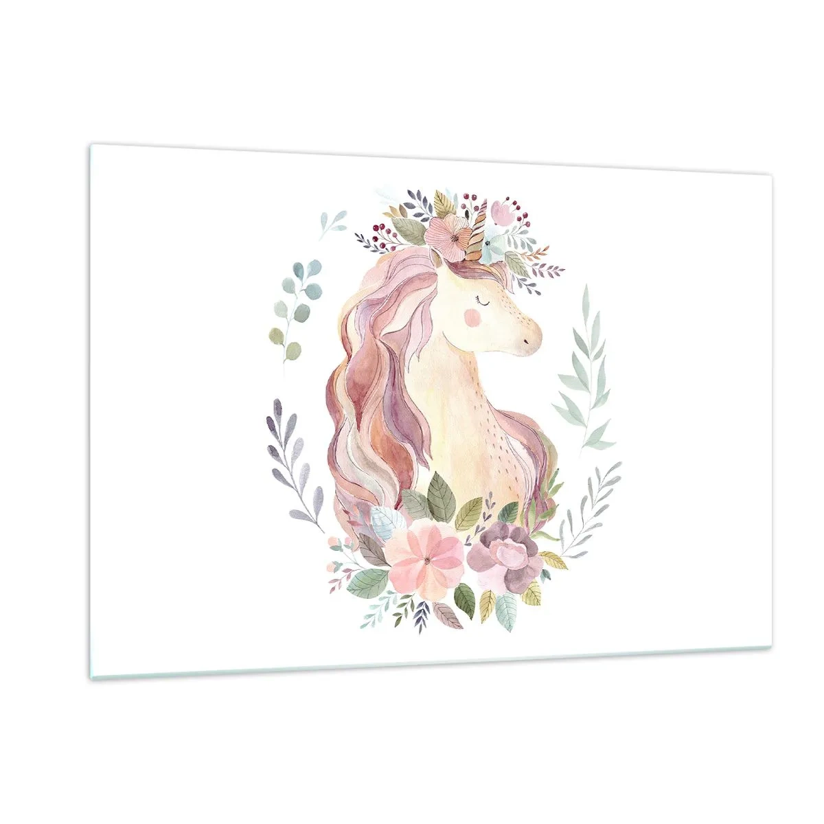 Impression sur verre - Image sur verre - Une licorne de dessin animé avec une crinière de fleurs pastel - 120x80cm - Invitation au monde des contes de fées - Décoration murale moderne pour le salon et la chambre ARTTOR