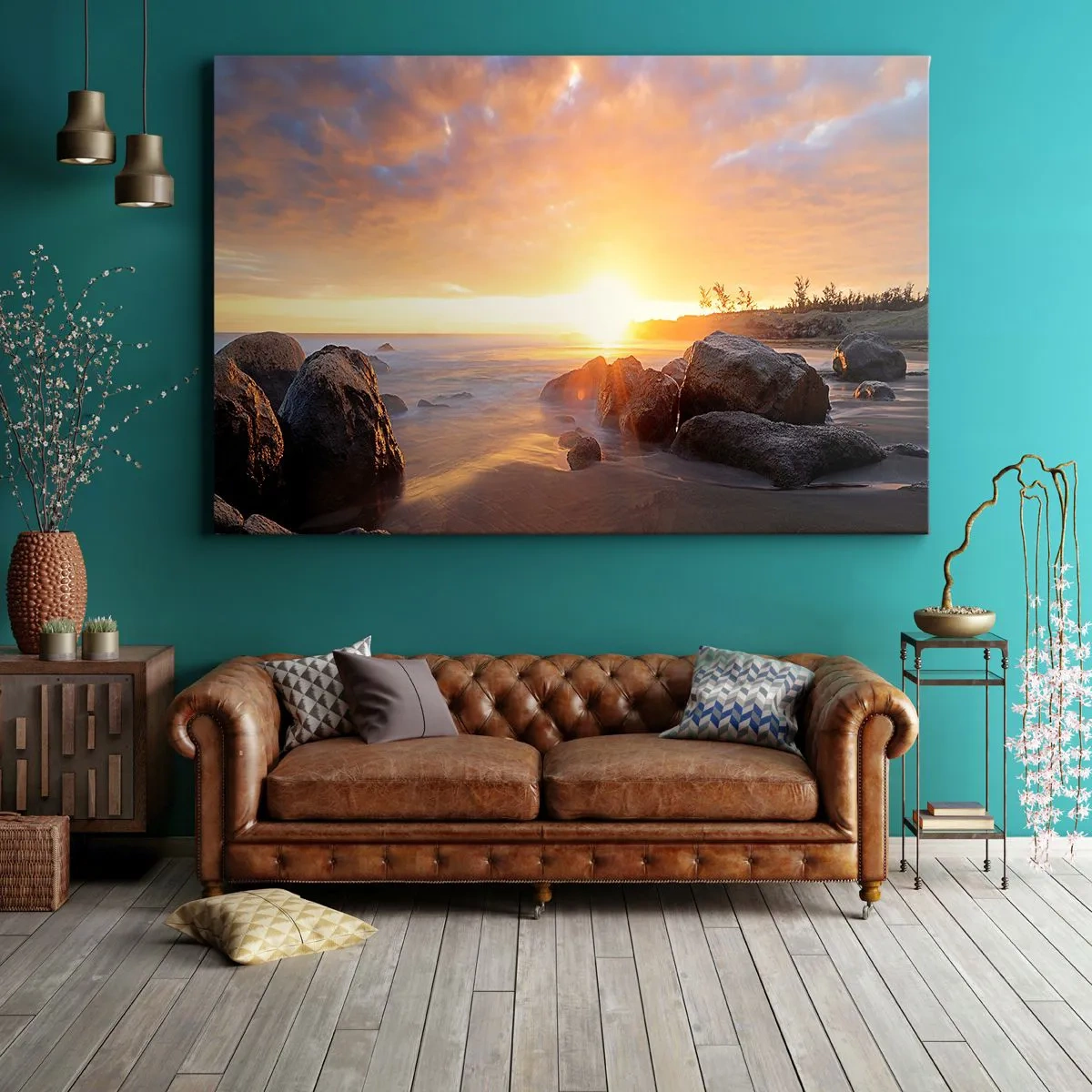 Impression sur toile - Image sur toile - Coucher de soleil sur la côte rocheuse - 100x70cm - Brise lumineuse du soir - Décoration murale moderne pour le salon et la chambre ARTTOR