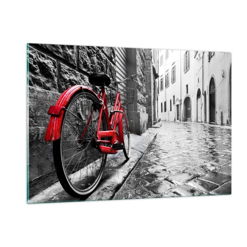 Impression sur verre - Image sur verre - Un vélo rouge sur une rue pavée avec un fond monochrome. - 120x80cm - La vraie beauté ne vieillit pas - Décoration murale moderne pour le salon et la chambre ARTTOR