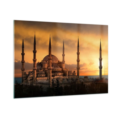 Impression sur verre - Image sur verre - La Mosquée Bleue sur fond de coucher de soleil - 100x70cm - Dieu est grand - Décoration murale moderne pour le salon et la chambre ARTTOR
