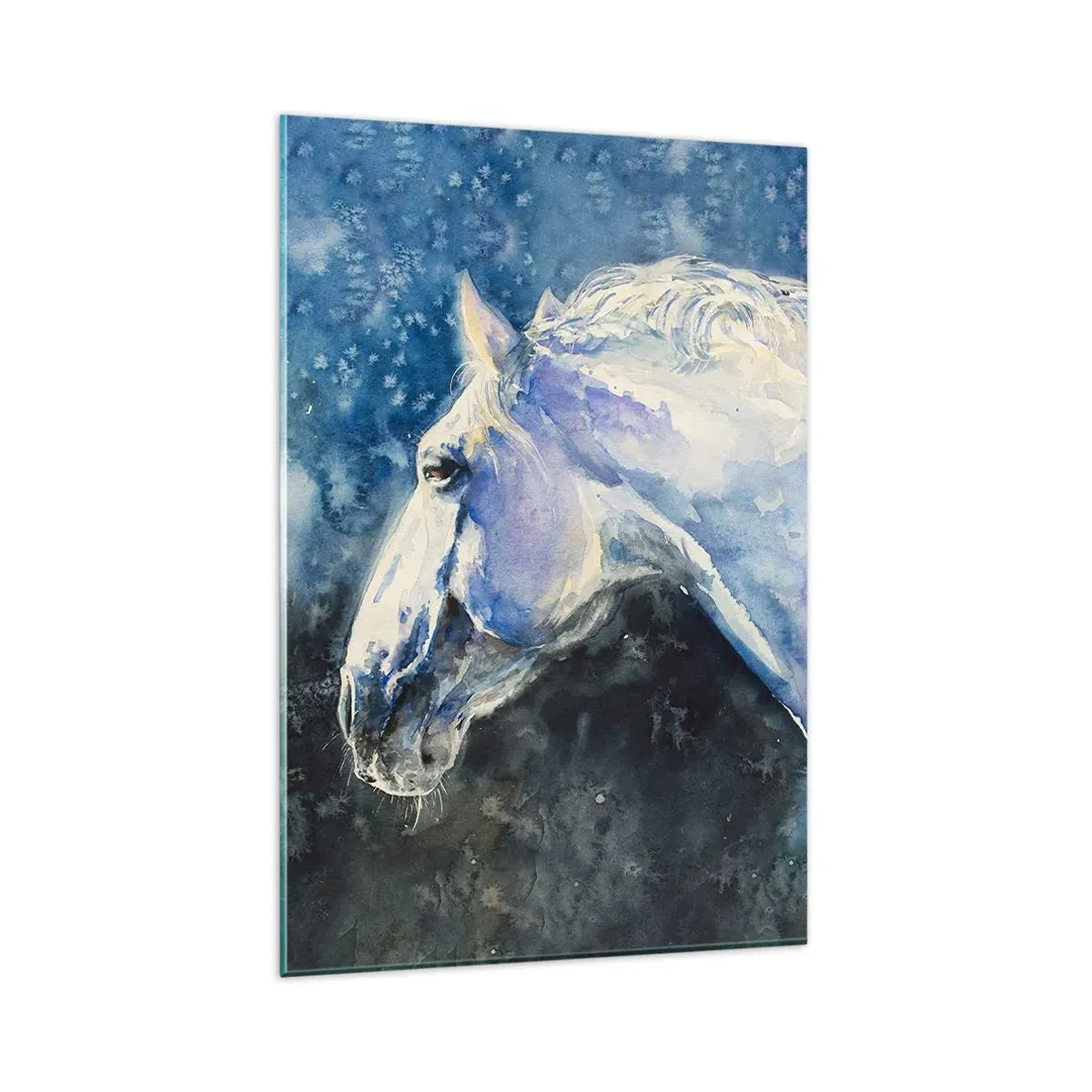 Impression sur verre - Image sur verre - Portrait d'un cheval dans des tons de bleu avec un effet aquarelle pictural. - 80x120cm - Portrait dans une lueur azur - Décoration murale moderne pour le salon et la chambre ARTTOR