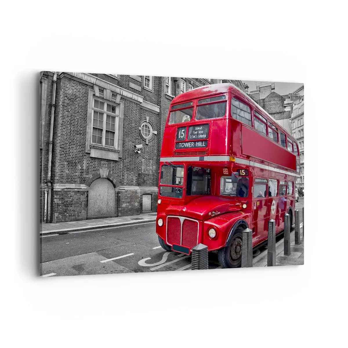 Impression sur toile - Image sur toile - Un bus rouge à impériale à Londres sur fond d'architecture classique - 120x80cm - Toujours la même chose - Décoration murale moderne pour le salon et la chambre ARTTOR