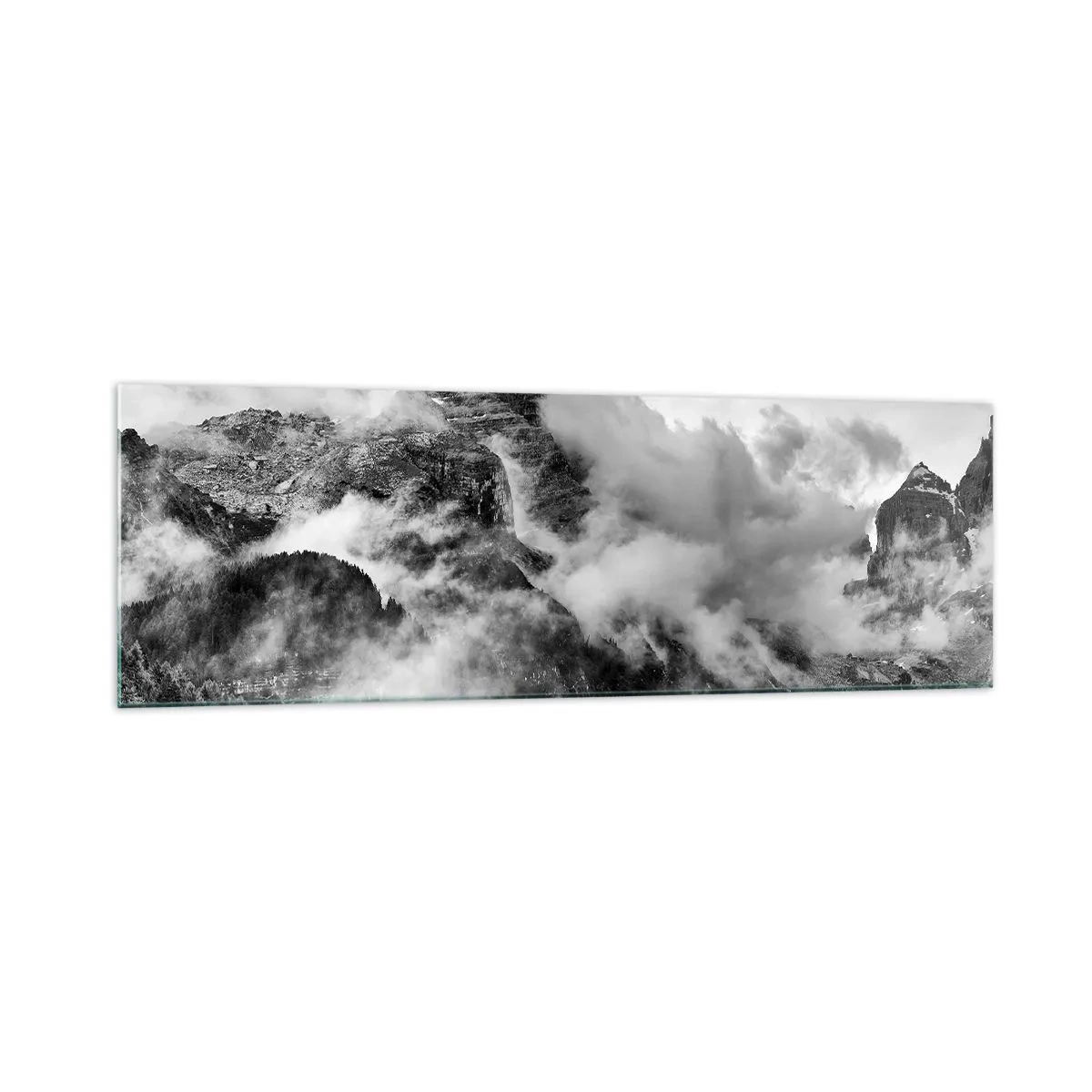 Impression sur verre - Image sur verre - Vue en noir et blanc de montagnes entourées de nuages - 160x50cm - Belle et cruelle - Décoration murale moderne pour le salon et la chambre ARTTOR