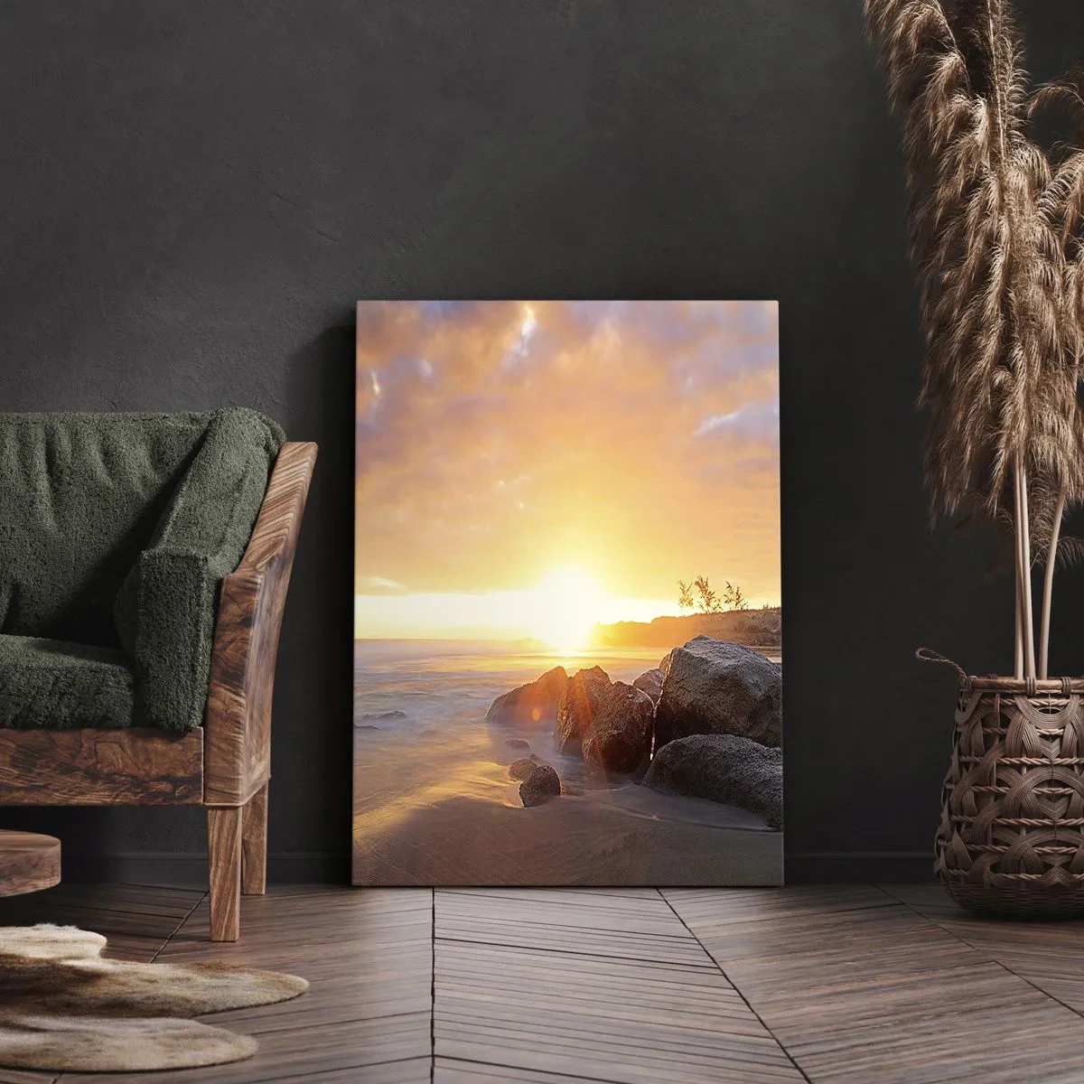 Impression sur toile - Image sur toile - Coucher de soleil sur la côte rocheuse - 50x70cm - Brise lumineuse du soir - Décoration murale moderne pour le salon et la chambre ARTTOR