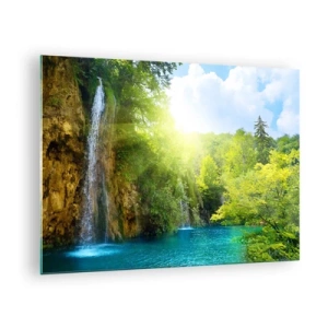 Impression sur verre - Image sur verre - Une cascade se jetant dans un lac bleu entouré de verdure - 70x50cm - Ce doit être le paradis ici - Décoration murale moderne pour le salon et la chambre ARTTOR