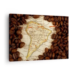 Impression sur toile - Image sur toile - Une carte de l'Amérique du Sud entourée de grains de café. - 70x50cm - D'où vient le meilleur café ? - Décoration murale moderne pour le salon et la chambre ARTTOR