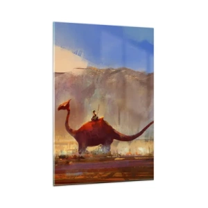 Impression sur verre - Image sur verre - Une scène fantastique avec un cavalier sur une créature préhistorique - 80x120cm - S'ils n'avaient pas disparu - Décoration murale moderne pour le salon et la chambre ARTTOR