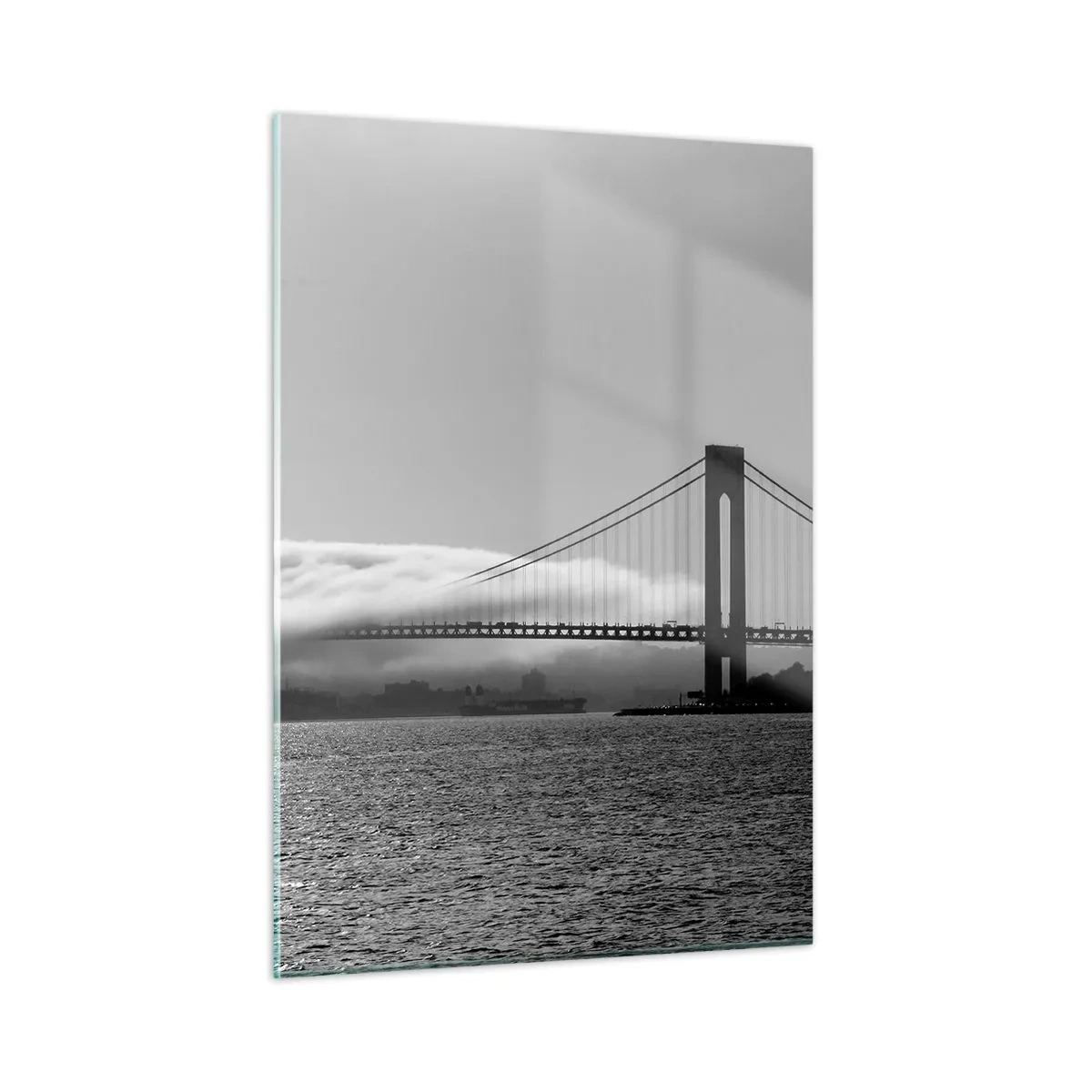 Impression sur verre - Image sur verre - Un pont en noir et blanc avec du brouillard sur l'eau - 50x70cm - Naviguez à travers les Portes des Étoiles - Décoration murale moderne pour le salon et la chambre ARTTOR