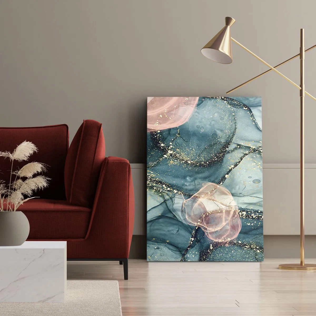 Impression sur toile - Image sur toile - Une composition abstraite dans des tons turquoise et or. - 70x100cm - Soie bleu, tulle rose - Décoration murale moderne pour le salon et la chambre ARTTOR