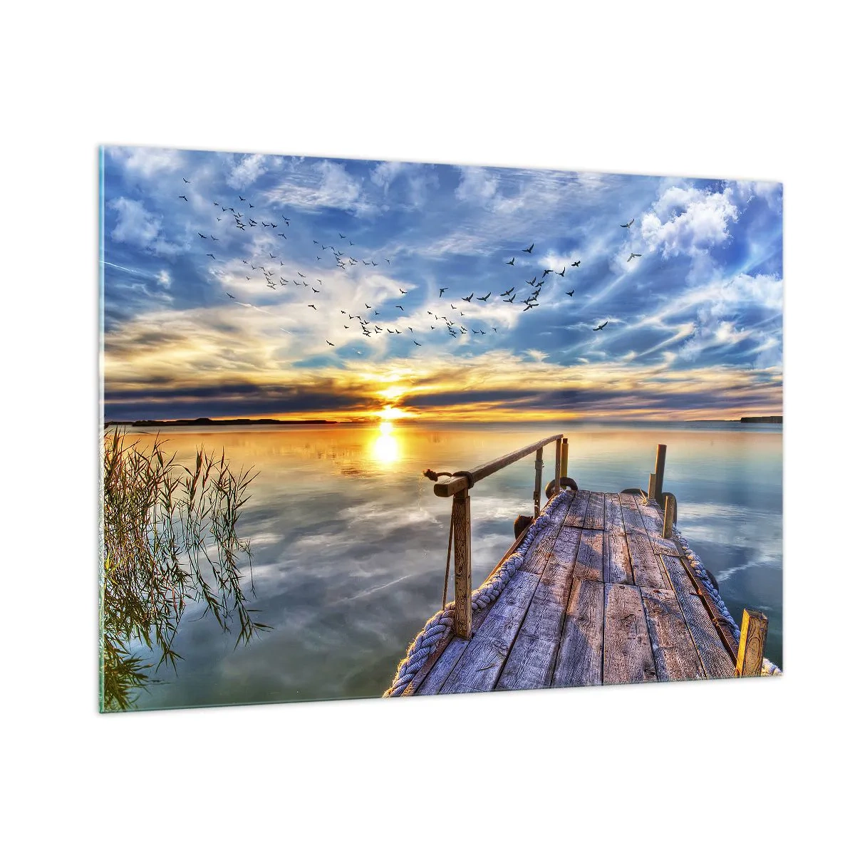 Impression sur verre - Image sur verre - Jetée au bord du lac au coucher du soleil avec des oiseaux dans le ciel - 100x70cm - Le vent se repose - Décoration murale moderne pour le salon et la chambre ARTTOR