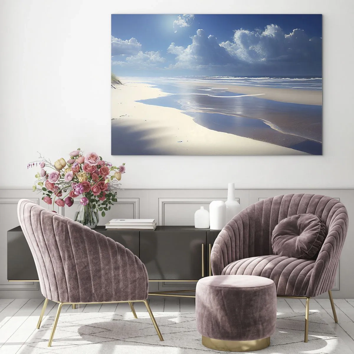 Impression sur verre - Image sur verre - Une large plage de sable et des vagues calmes sous un ciel bleu - 120x80cm - Des vacances paradisiaques - Décoration murale moderne pour le salon et la chambre ARTTOR