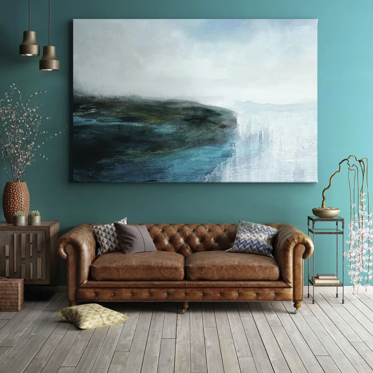 Impression sur toile - Image sur toile - Paysage abstrait dans les tons turquoise et gris - 70x50cm - Abstraction nautique - Décoration murale moderne pour le salon et la chambre ARTTOR
