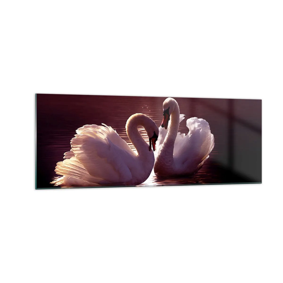 Impression sur verre - Image sur verre - Deux cygnes sur un lac calme au coucher du soleil - 140x50cm - Jusqu'à ce que la mort nous sépare - Décoration murale moderne pour le salon et la chambre ARTTOR