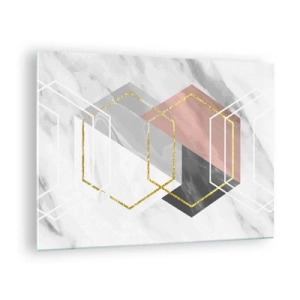 Impression sur verre - Image sur verre - Formes géométriques dorées sur fond de marbre - 70x50cm - Composition en chaîne - Décoration murale moderne pour le salon et la chambre ARTTOR