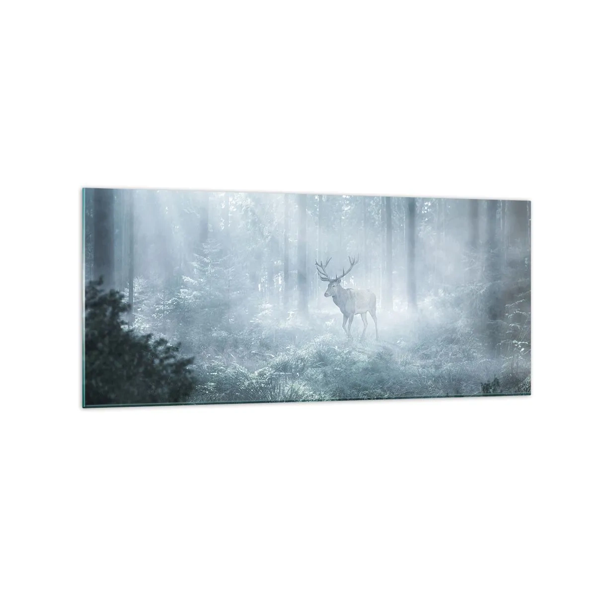 Impression sur verre - Image sur verre - Un cerf dans une forêt dense enveloppée de brume matinale - 120x50cm - Visite matinale du domaine - Décoration murale moderne pour le salon et la chambre ARTTOR