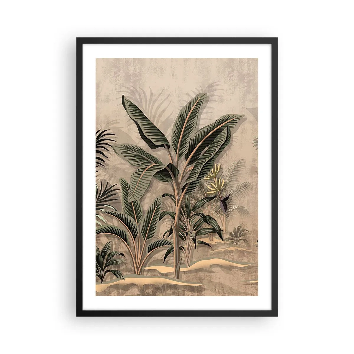 Affiche dans un cadre noir - Poster - Végétation exotique sur fond beige - 50x70cm - Une gravure de style colonial - Décoration murale moderne pour le salon et la chambre ARTTOR