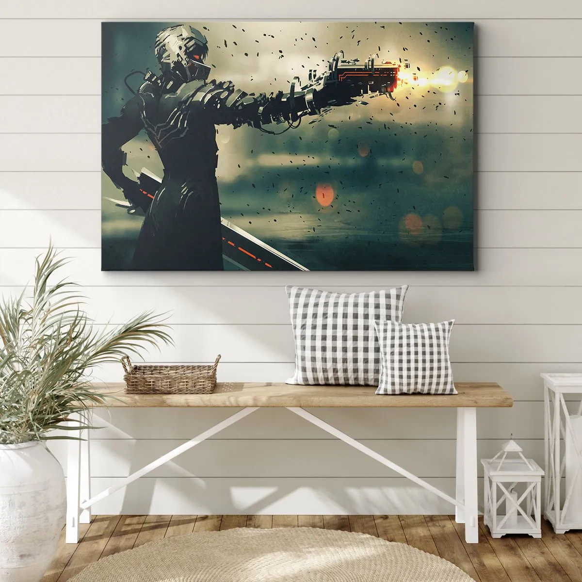 Impression sur toile - Image sur toile - Guerrier cybernétique avec des armes futuristes - 120x80cm - L'arme fatale - Votre propre Terminator - Décoration murale moderne pour le salon et la chambre ARTTOR