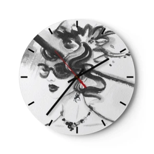 Horloge murale - Pendule murale - Croquis en noir et blanc d'une femme élégante portant des lunettes et un chapeau. - 30x30cm - Une dame de caractère - Décoration murale moderne pour le salon, la cuisine et la chambre ARTTOR
