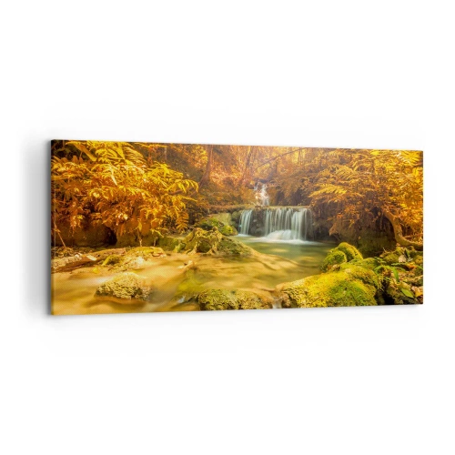 Impression sur toile - Image sur toile - Une cascade dorée dans une forêt d'automne entourée de verdure - 120x50cm - Cascade de forêt en or - Décoration murale moderne pour le salon et la chambre ARTTOR