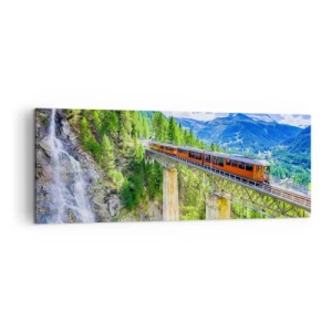 Impression sur toile - Image sur toile - Des montagnes russes sur un pont avec vue sur une cascade et des montagnes - 140x50cm - Train dans les Alpes - Décoration murale moderne pour le salon et la chambre ARTTOR