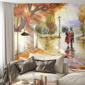 Papier Peint Photo Premium Canvas - Une promenade dans le parc d'automne avec un parapluie - 100x70cm - Automne romantique dans le parc - Décoration murale moderne pour le salon et la chambre ARTTOR