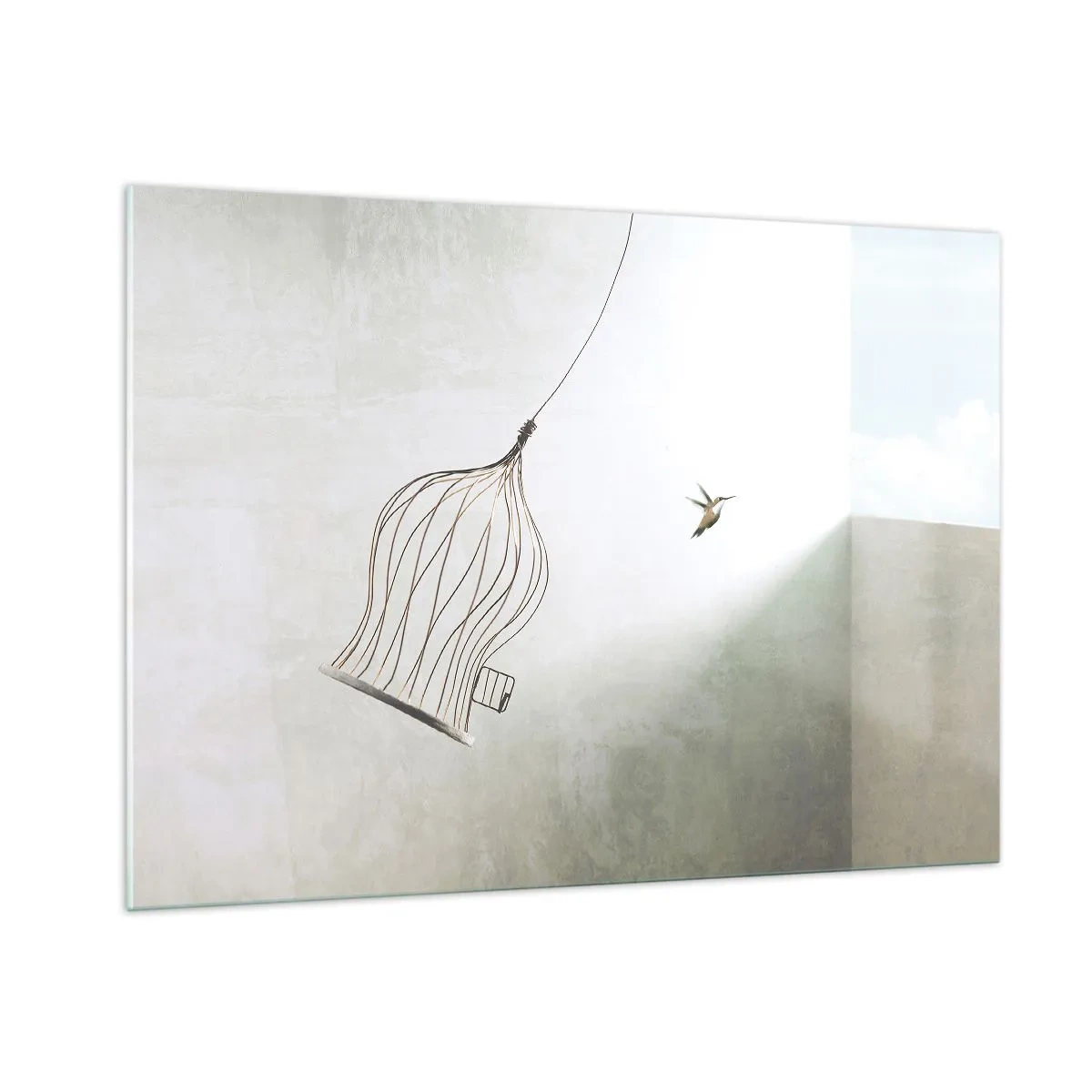 Impression sur verre - Image sur verre - Une cage ouverte et un colibri s'envolant à la lumière du jour - 100x70cm - Dans son élément - Décoration murale moderne pour le salon et la chambre ARTTOR