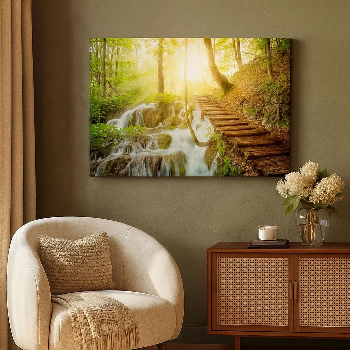 Impression sur toile - Image sur toile - Chemin forestier avec escaliers en bois près de la cascade - 70x50cm - Une fraîcheur tant désirée - Décoration murale moderne pour le salon et la chambre ARTTOR