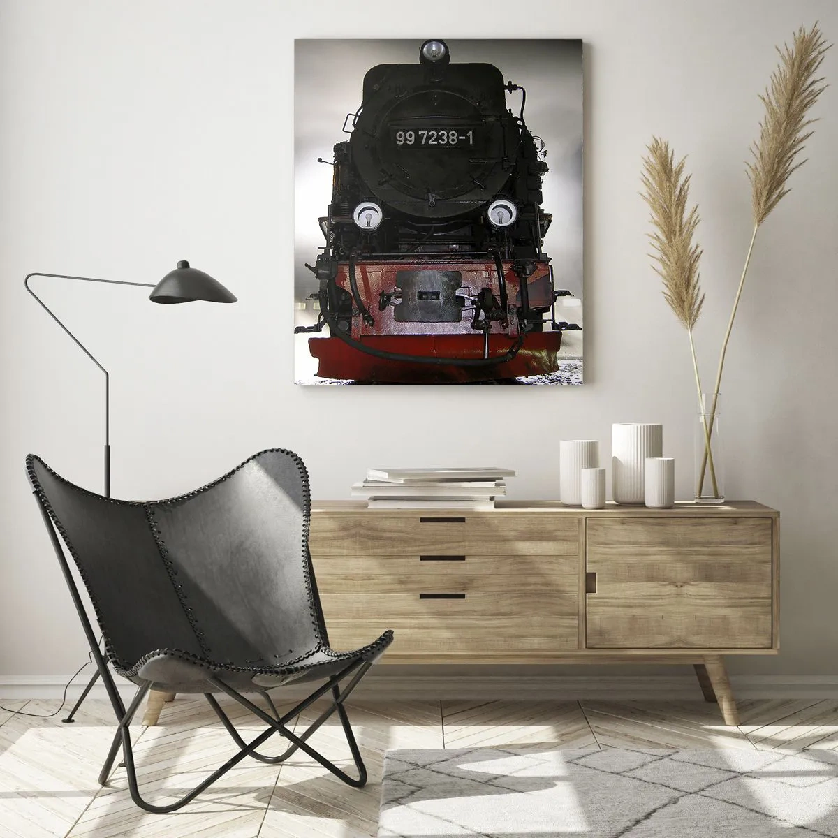 Impression sur verre - Image sur verre - Une locomotive à vapeur entourée de vapeur et de lumière - 50x70cm - Il se lève et siffle, halète et souffle - Décoration murale moderne pour le salon et la chambre ARTTOR