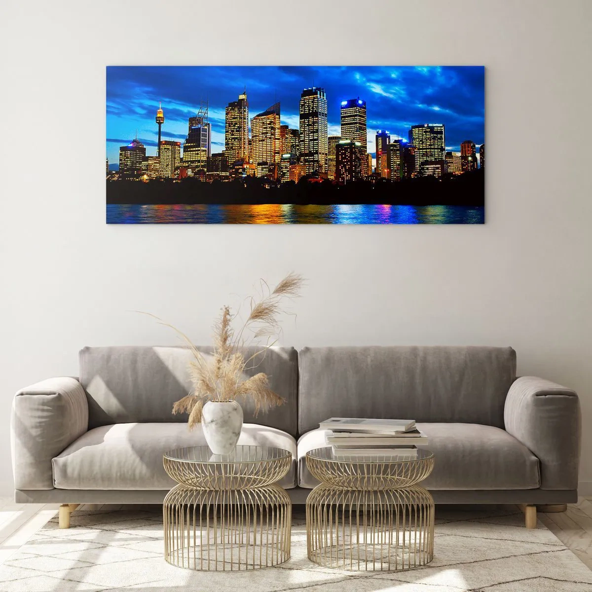 Impression sur verre - Image sur verre - Panorama de la ville nocturne avec des gratte-ciel illuminés au-dessus de l'eau - 160x50cm - Une nuit de lumières et de couleurs - Décoration murale moderne pour le salon et la chambre ARTTOR