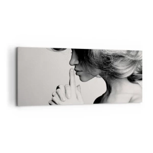Impression sur toile - Image sur toile - Profil noir et blanc d'une femme faisant un geste de silence - 120x50cm - A l'écoute d'elle-même - Décoration murale moderne pour le salon et la chambre ARTTOR