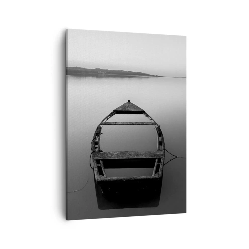 Impression sur toile - Image sur toile - Un bateau solitaire sur un lac calme dans des tons de noir et blanc - 50x70cm - Nostalgie et mélancolie - Décoration murale moderne pour le salon et la chambre ARTTOR